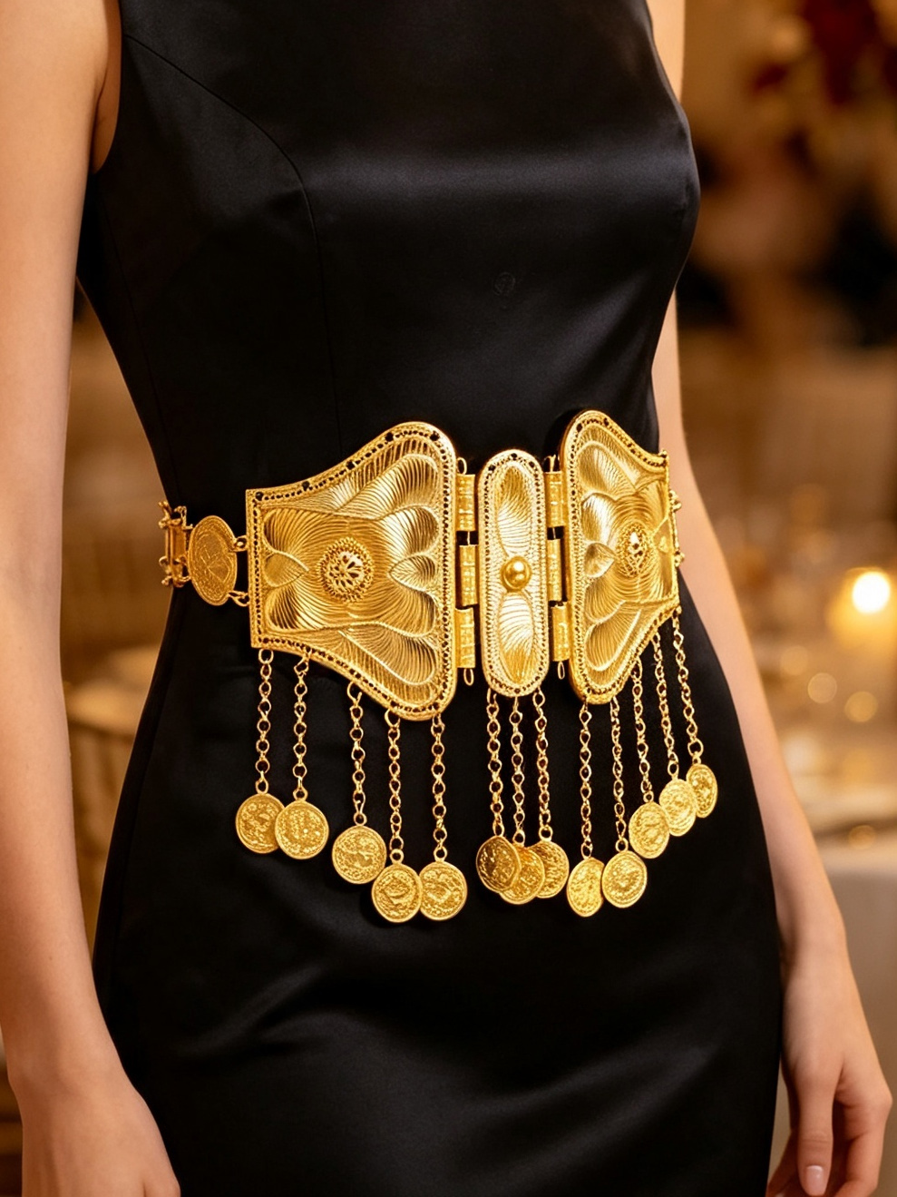 Ethnic Boho Fashion - Sabuk Pinggang Rumbai Koin Emas Vintage,