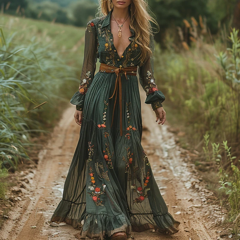 Ethnic Boho Fashion - Gaun Maxi Boho wanita, gaun panjang