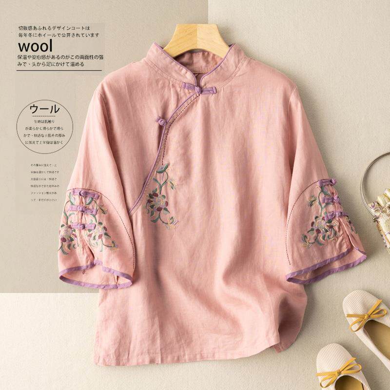 Kemeja Cina Bordir Linen Katun - Ethnic Style Dresses ulasan dan harga