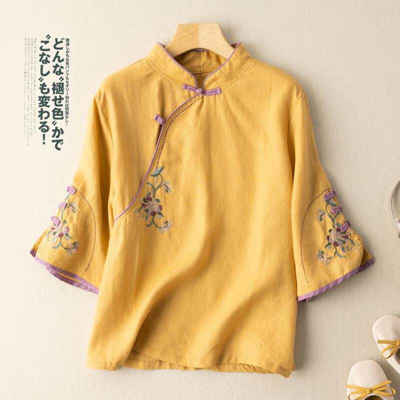 Kemeja Cina Bordir Linen Katun - Ethnic Style Dresses ulasan dan harga