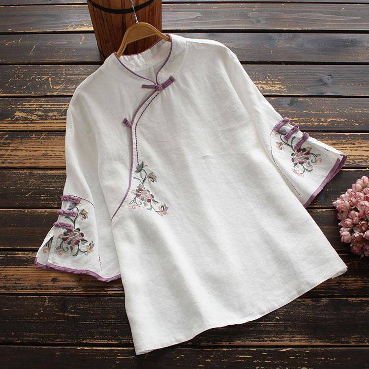 Kemeja Cina Bordir Linen Katun - Ethnic Style Dresses ulasan dan harga